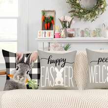 4pcs Easter Plaid Egg & Slogan Print Cushion Cover, Modern Simple Square Faux Linen Hidden Zipper Single-Sided Printed Pillow Case, Without Pillow Core, Suitable For Easter Living Room Bedroom Sofa Decoration, All Seasons - Multicolor - View 3