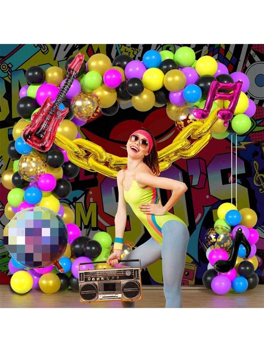 111 件 90 年代 80 年代主题派对气球拱门花环套装 90 年代主题派对装饰品带充气 4D 迪斯科吉他数字链铝箔气球适用于重回 90 年代 80 年代派对装饰嘻哈派对用品