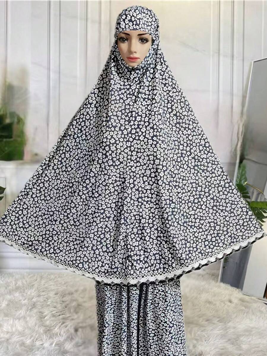 Lace Hem Oversized Headscarf For Women, Suitable For Home Use - Grey - View 1