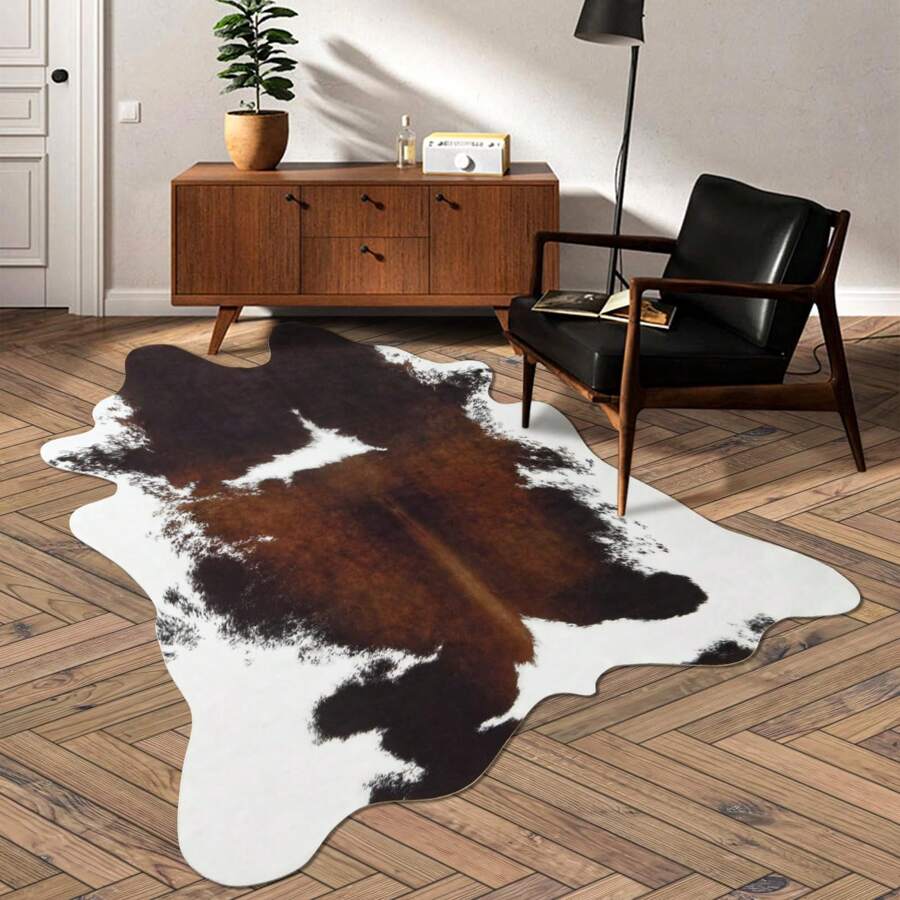 5.2ft X 6.2ft Large Faux Cowhide Print Rug For Living Room Bedroom, 4.6ft X 5.2ft Luxury Cow Skin Print Carpet Rug, Faux Animal Hide Area Rug For Office Dining Room, Western Home Decor, Dark Brown - 深棕色 - 查看 1