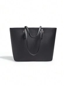 復古純色手提包,帶毛球掛飾,大容量肩袋,女性pu皮手提包,適用於辦公室、學校、購物等 - 黑色 - 查看 6