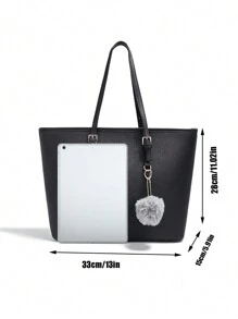 復古純色手提包,帶毛球掛飾,大容量肩袋,女性pu皮手提包,適用於辦公室、學校、購物等 - 黑色 - 查看 8