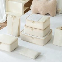 7pcs Travel Storage Bag Set With Multi-Functional Classification, Large Capacity Suitcase Clothing Shoes Organizer Set For Business Trip - Beige - View 4