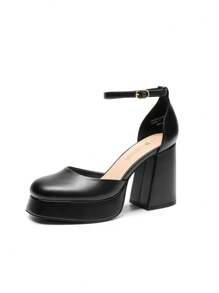 Women Chunky Platform High Heels Closed Toe Block Ankle Strap Dress Prom Wedding Party Pumps Shoes - 黑色 - 查看 6