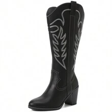 Women'S Extra Wide Calf Cowboy Knee High Boots, Wide Width Cowgirl Slouchy Boots Chunky Pump Heel Plus Size Western Boots. - 黑色 - 查看 4