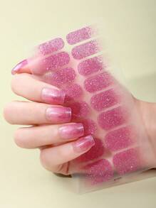 Beauty Sticker 16pcs Pink Glitter Nail Stickers, Simple Gradient And Transparent Design, Diy Art Full Nail Wrap Sticker Including 1 Nail File, Gift For Girls - Pink - View 1