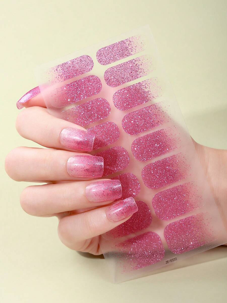 Beauty Sticker 16pcs Pink Glitter Nail Stickers, Simple Gradient And Transparent Design, Diy Art Full Nail Wrap Sticker Including 1 Nail File, Gift For Girls - Pink - View 1