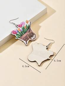 1pair Elegant And Creative Spring Flower Themed Earrings In Western Style, Including Handcart, Envelope And Tulip Elements For Vacation And Proposal Gifts. The Earrings Are Made Of Wood. - Multicolor - View 5