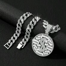 1個歐美流行風格圓形標籤美元符號吊墜項鍊,獨特設計,由t形鑲嵌方形鑽和金色符號嘻哈墜飾項鍊組成,製成合金 - 美元符號吊墜 - 查看 2