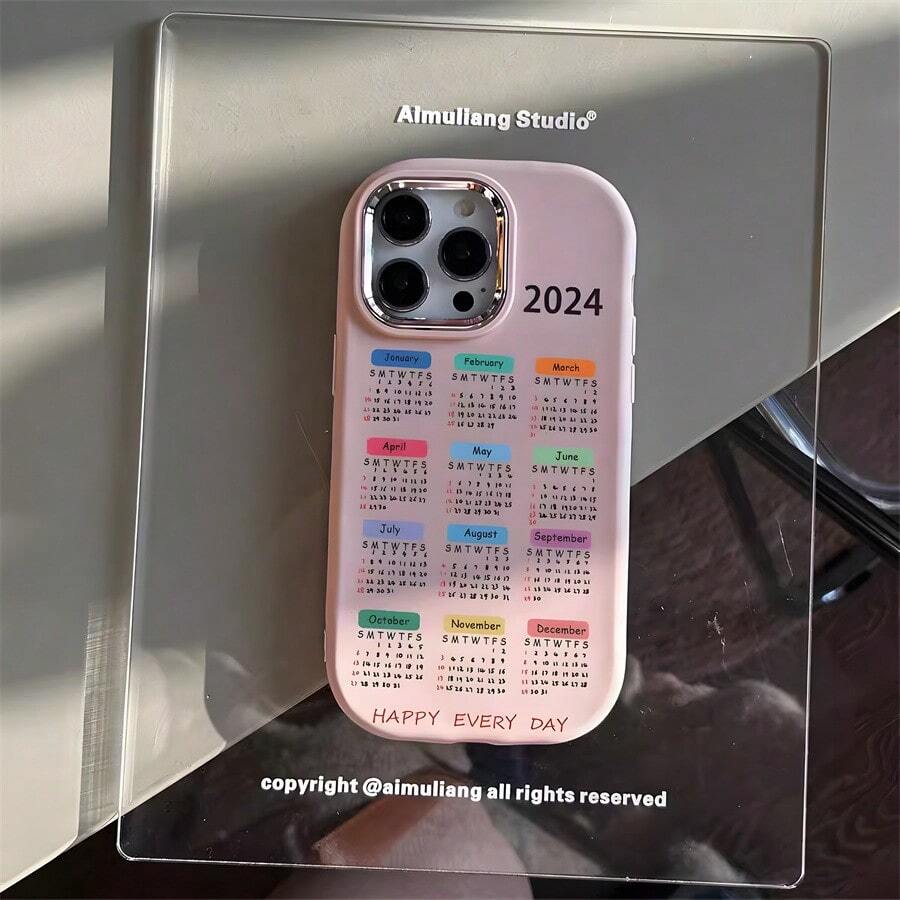 1pc Pink Color 2024 Calendar Design Neutral Precise Camera Hole Thickened Shockproof Tpu Soft Phone Case, Anti Fingerprint & Glare, Compatible With Iphone - pink[0] - View 1