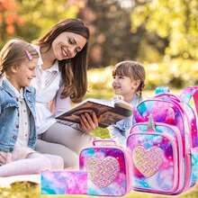 3pcs/Set Girls' Backpack With Starry Sky Print & Unicorn Pattern, Including Lunch Box And Pencil Case For Elementary School Students - Pink - View 2