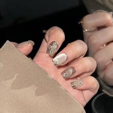 GIRL PLUS GIRLPLUS手工製作10入組假指甲，銀色金屬貓眼細閃光甲油設計，時尚美甲套裝，適用於女性和女孩的日常穿著，膠甲補給品 - 銀色 - 查看 15