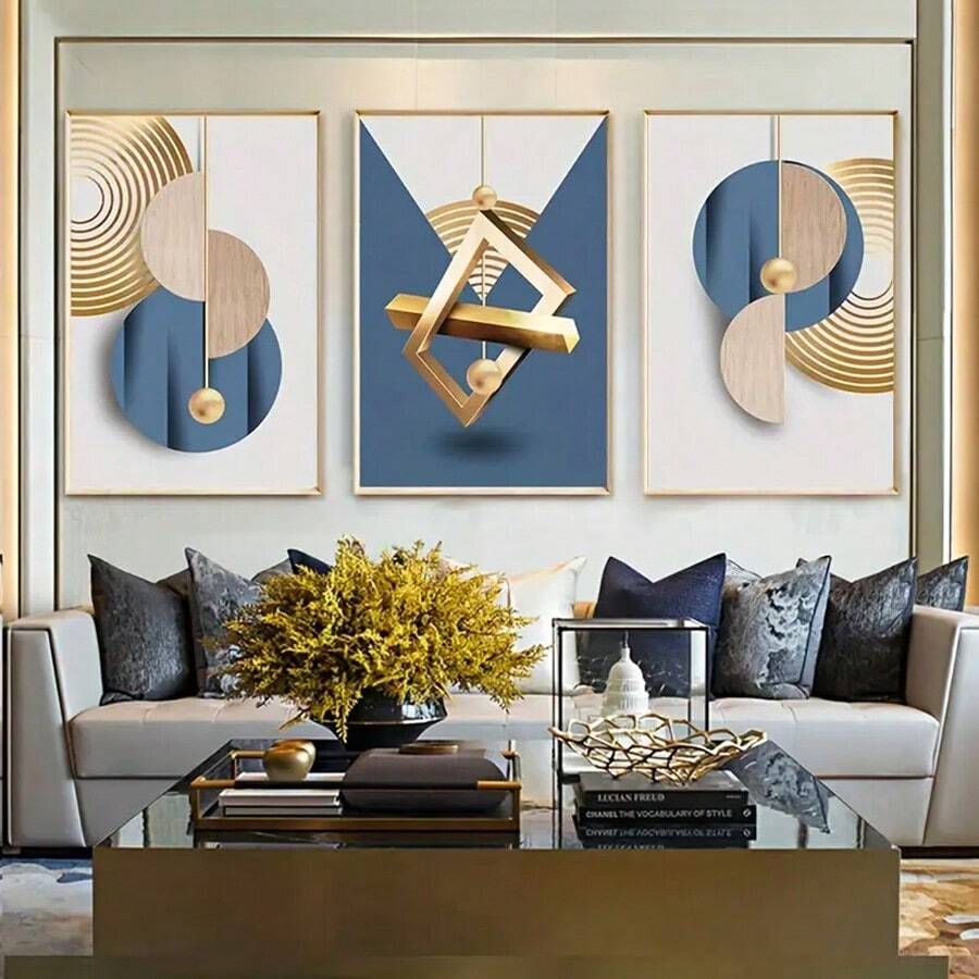 3pcs Canvas Posters, Modern Art, Abstract Colorful Geometric Art, Ideal Decoration Gift For Bedroom, Living Room, Kitchen And Hallway, Wall Art, Wall Decoration, Room Decor, (Without Frame) - Blue - View 1
