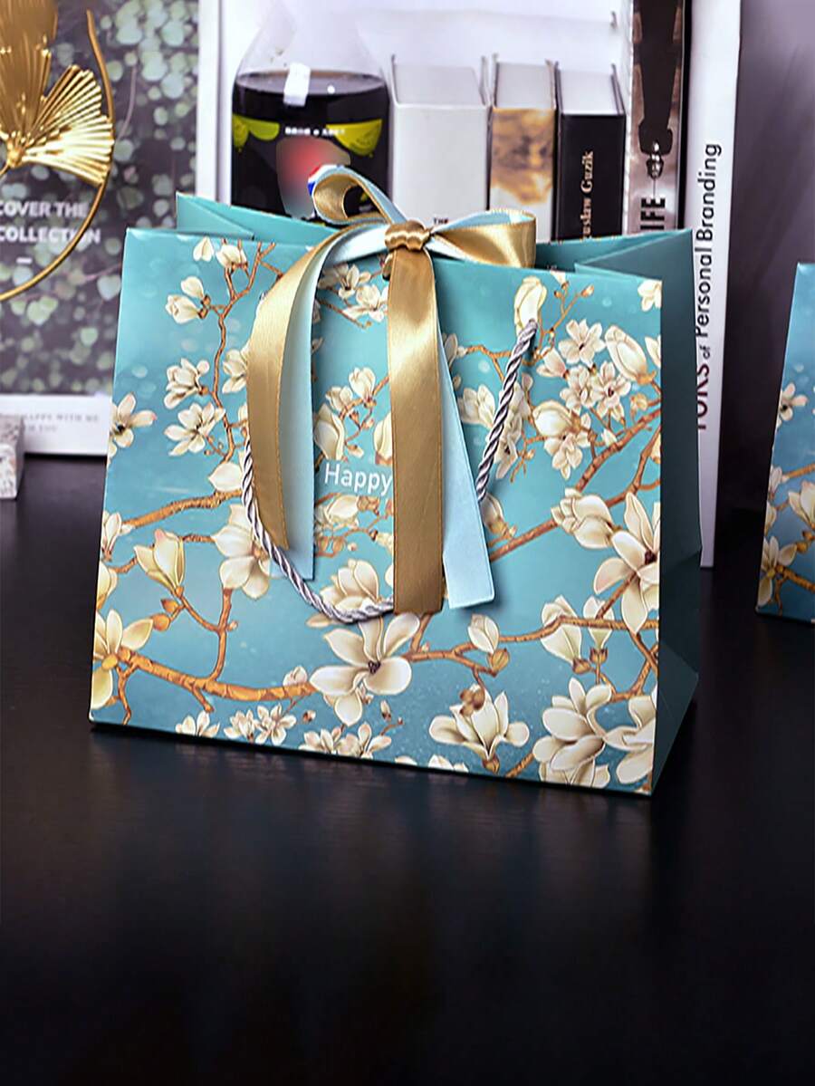 杏花蝴蝶結禮物袋+藍緞帶糖果包裝袋&收納袋&禮品袋&紀念品,白色卡紙,藍色紙袋,商務禮品袋,喜糖袋,服裝購物袋和收納袋,豪華包裝,杏花萬能袋,紙袋 - 多色 - 查看 1