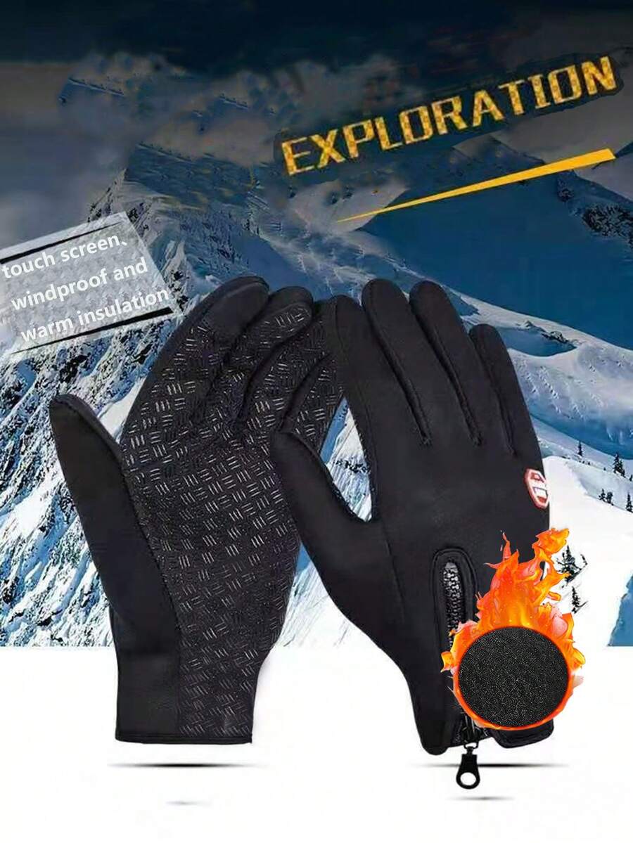 1對男女戶外運動手套,帶觸摸屏功能,防水防風防滑,適用於冬季 - 黑色 - 查看 1