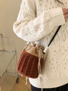 Stylish Crocheted Drawstring Design Bucket Bag - Brown - View 4