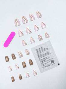 Upgrade Your Look with 24pcs Long Almond White Line Golden Glitter Heart Pattern Fake Nail & 1sheet Tape & 1pc Nail File - Multicolor - View 2