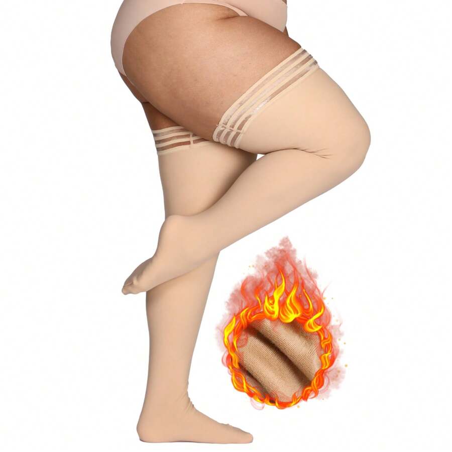 L-6XL 加大號純色保暖針織膝上襪，附有防滑硅膠蕾絲邊，冬季保暖厚款長筒襪，適合女性日常穿著，晚上派對，音樂會，角色扮演 - 卡其色 - 查看 1