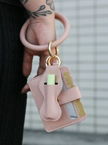 PU Leather Tassel Wrist Keychain Pendant Lipstick Envelope Card Holder Bracelet Key Ring Female - Pink - View 1