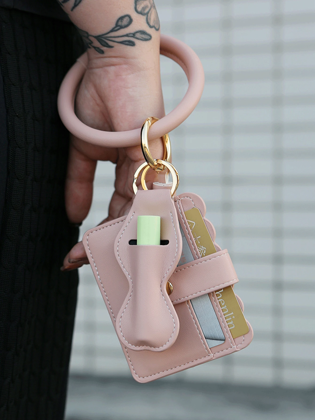 PU Leather Tassel Wrist Keychain Pendant Lipstick Envelope Card Holder Bracelet Key Ring Female - Pink - View 1