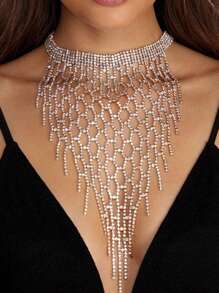 Fashionable Rhinestone & Tassel Necklace Statement Choker For Women's Party And Wedding - Gold - View 1