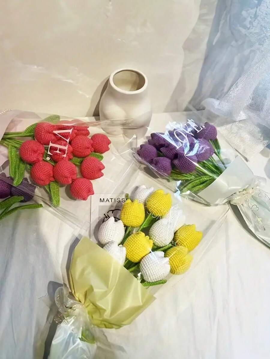 1入手工製作的織網鉤編線合成仿真鬱金香，DIY鮮花花束禮物 - 彩色 - 查看 1