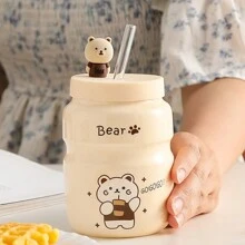 3pcs Cute Bear Design Ceramic Cup With Lid & Straw, Personalized Cartoon Animal Mug, Gift Mug For Coffee, Tea, Beverage - A Little Bear Beige - View 1