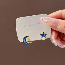 Fashionable Korean Style Blue Star & Moon Asymmetric Mini Stud Earrings Suitable For Daily And Evening Wear For Women And Students - Blue - View 1
