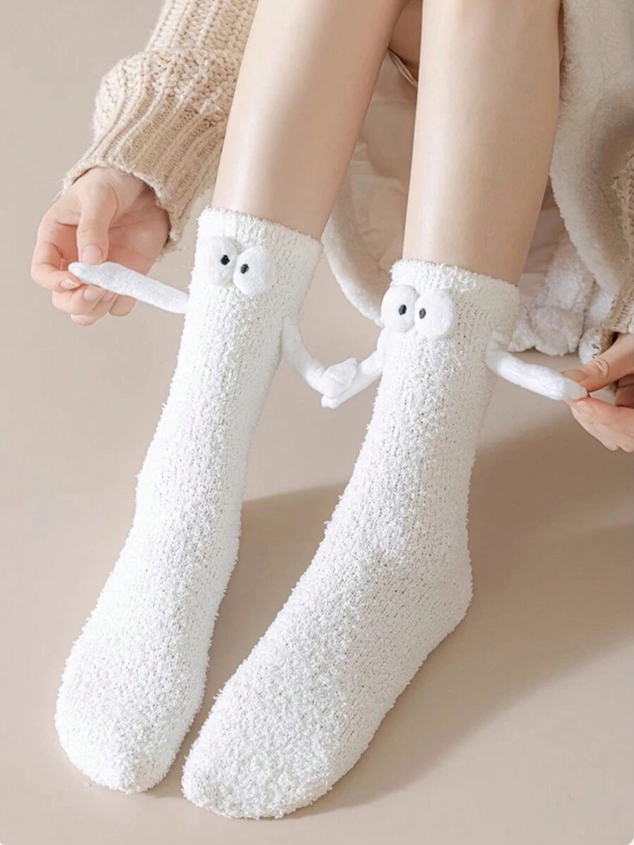 FLSHMCEN 1對手牽手保暖襪子有趣襪子,送男友、情侶、新年最好的朋友禮物 - 白色 - 查看 1