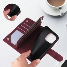Durable PU Flip Leather Phone Case Wallet With Removable Wrist Strap Compatible With IPhone Samsung - Burgundy - View 9