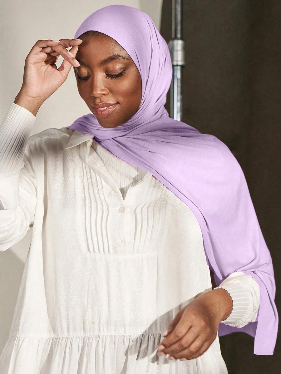 1pc Elegant Minimalist Solid Color Silk Touch Modal Jersey Hijab Scarf Turban, Suitable For Daily Life, Travel, And Events - Purple - View 1