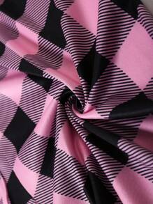 Women's Solid Color Round Neck T-Shirt And Gingham Casual Pants Home Wear Set - Pink - View 3