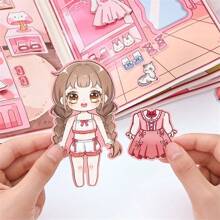 1pc One-Size-Fits-All Pink Paper Toy Book With Dolls For Daily Life, Diy Craft Material, No Cut, Diy Scrapbook