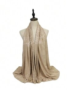 1pc Women's Khaki Soft Scarf With Dark Flower And Geometric Pattern For Daily Commute Outfit - Khaki - View 4