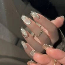 GIRL PLUS GIRLPLUS手工製作10入組假指甲，銀色金屬貓眼細閃光甲油設計，時尚美甲套裝，適用於女性和女孩的日常穿著，膠甲補給品 - 銀色 - 查看 24