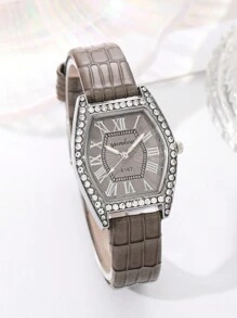 1 件带罗马数字和水钻镶嵌的桶形时尚手表 - 皮革表带石英表作为返校学生的礼物