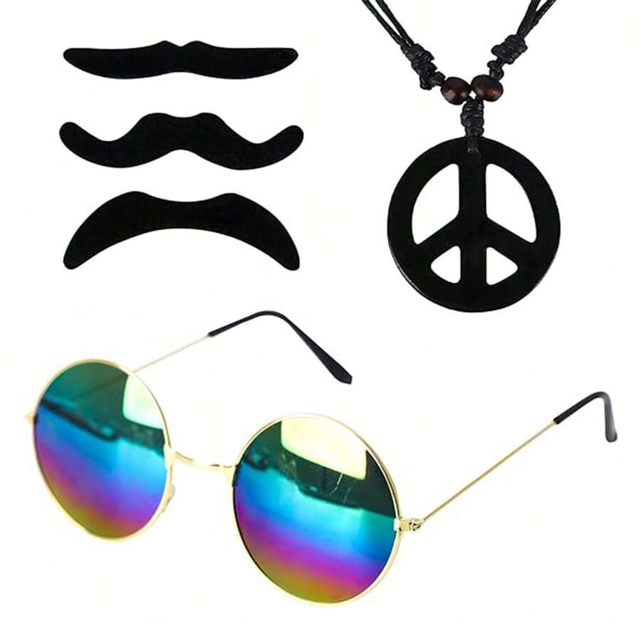 3入組嬉皮士服裝套裝,男女嬉皮裝飾60年代配件,1970年代化裝搭配嬉皮眼鏡,和平符號項鍊,適用于女孩男孩成人兒童嬉皮節奏派對裝飾 - 彩色 - 查看 1