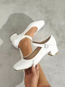 Women's Square Toe Casual Comfortable Rhinestone Buckle Chunky Heel Soft Bottom Work Shoes