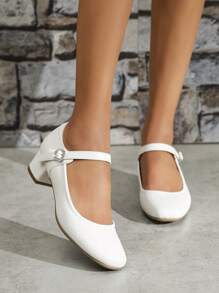 Women's Square Toe Casual Comfortable Rhinestone Buckle Chunky Heel Soft Bottom Work Shoes