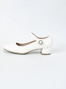 Women's Square Toe Casual Comfortable Rhinestone Buckle Chunky Heel Soft Bottom Work Shoes