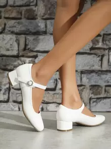 Women's Square Toe Casual Comfortable Rhinestone Buckle Chunky Heel Soft Bottom Work Shoes