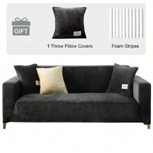 Sammetssofföverdrag 1 2 3 4-sits Stretch Tjock sofföverdrag Sofföverdrag med 1 örngott för möbelskydd i vardagsrummet - Mörkgrå - Visa 3