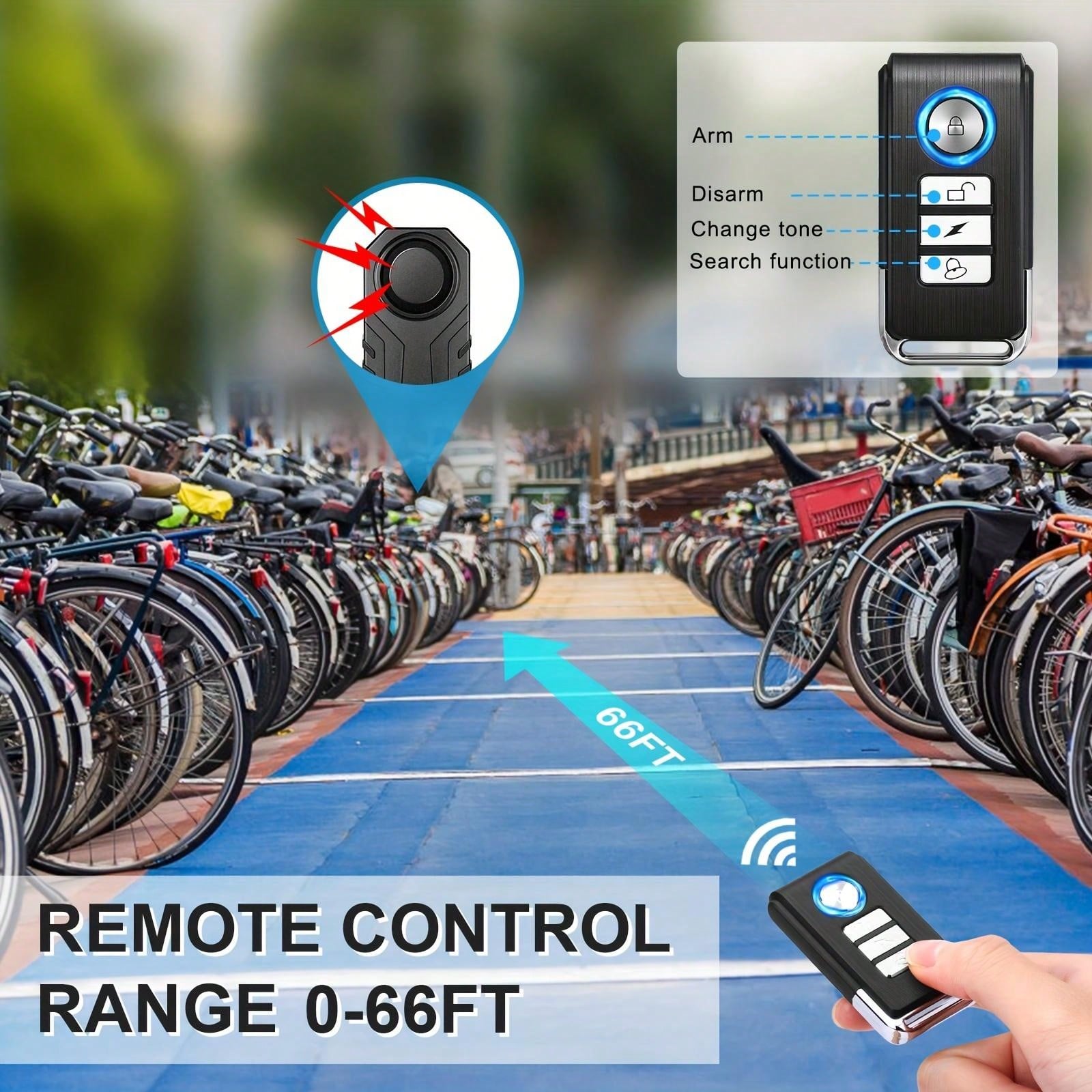 Vibration Sensing Bike Alarm With Remote, 113db Loud Bicycle Alarm System Anti Theft, Wireless