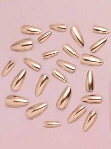 VV MEI JIA ER 24入組酷炫美甲大小杏仁形壓片假指甲，香檳金蟲紋假甲，金屬亞克力全套假指甲，專業指甲貼尖頭成人女士假指甲，含1片膠帶和1個甲片修整器指甲用品 - 金色 - 查看 6