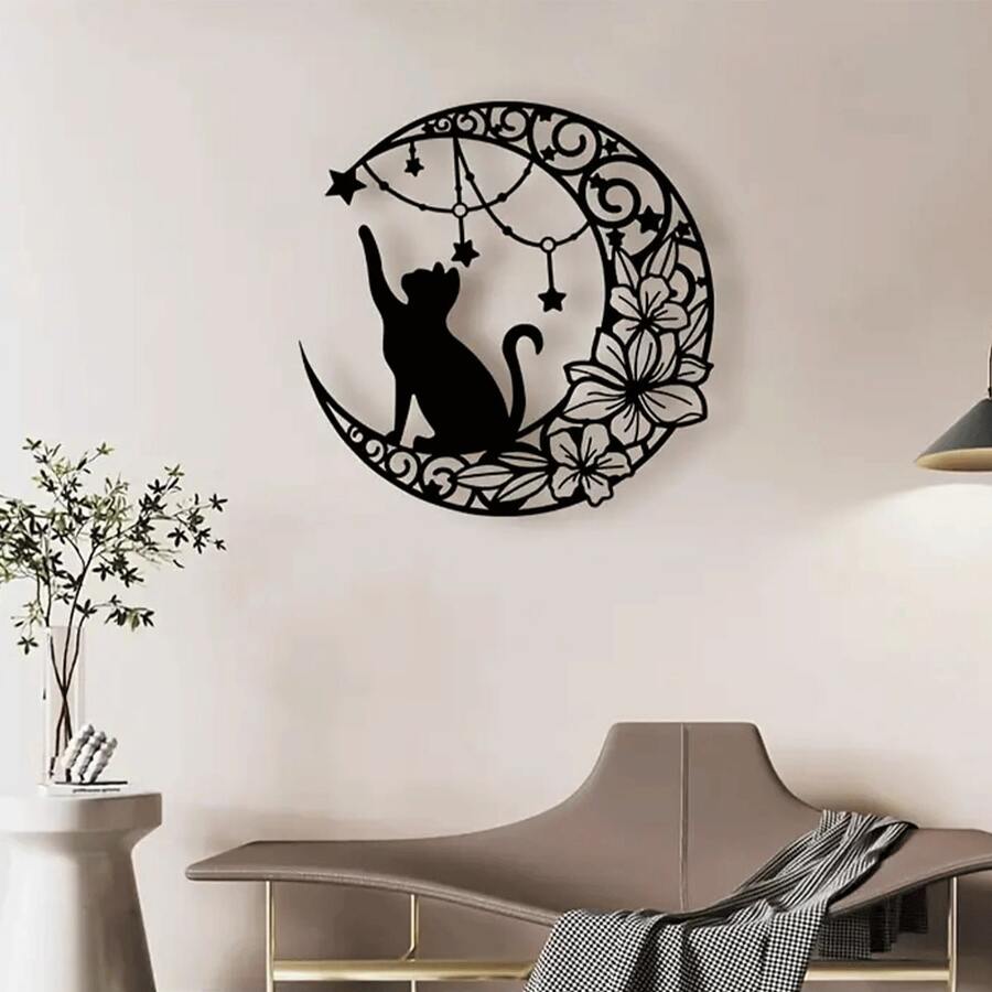 1入組月亮貓金屬鐵藝牆藝術,極簡主義和美學掛飾,適用於客廳、臥室、家居裝飾 - 黑色 - 查看 1