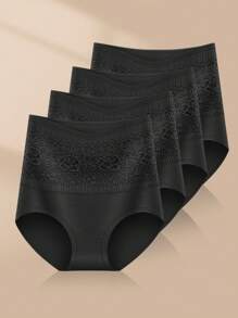 MEIYATING 4 Pairs Plus Size Women Cotton Panties, Floral Lace High Waist Abdomen Control Seamless Shapewear Briefs