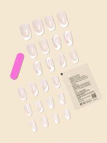 Kit de 24 piezas de uñas postizas que incluye puntas de uñas con patrón de rayas blancas onduladas, gelatina de goma y lima de uñas para uñas redondas francesas. Suministros de uñas uñas falsas uña falsa uña acrílica