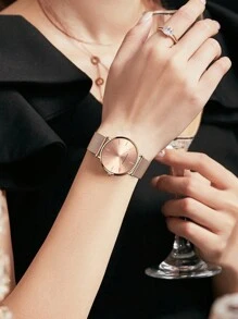 HANNAH MARTIN Hannah Rose Gold Minimalist Ladies' Wristwatch, With Japan Movement, 3bar Water Resistant With Black Gift Box, Casual Party Watch Set For Women As A Gift For Students Returning To School - Rose Gold - View 9