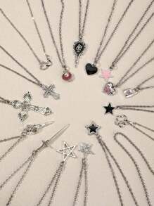 Conjunto de 5 colares estilo Y2K Retro Gótico Punk Rock, incluindo estrela, cruz com strass, cruz em formato de coração, pingentes em forma de borboleta, com corrente de aço inoxidável. Estilo Ins, Personalizado, Hip Hop, Estilo Boêmio, Colares de Pingente Love-Lock.
