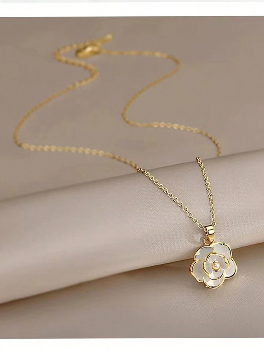 1入款簡約時尚金色山茶花女士頸鍊,適合日常佩戴和搭配 - 金黃色 - 查看 1